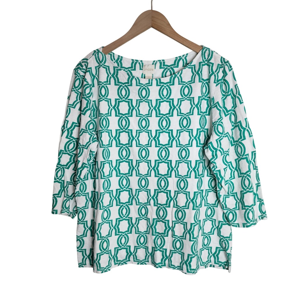 Chico's Top Women 3 Green White Geometric 3/4 Sleeve Cotton Knit Scoop Neck